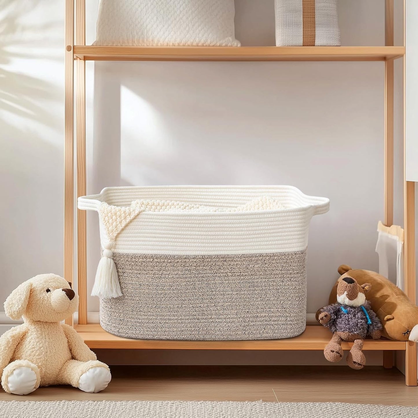 Large Blanket Basket, 60L Storage Baskets for Organizing, Woven Laundry Basket for Blankets, Cotton rope Blanket Storage for Living Room, Nursery Room, 19.7" L x 15.74" W x 11.8" H, Brown