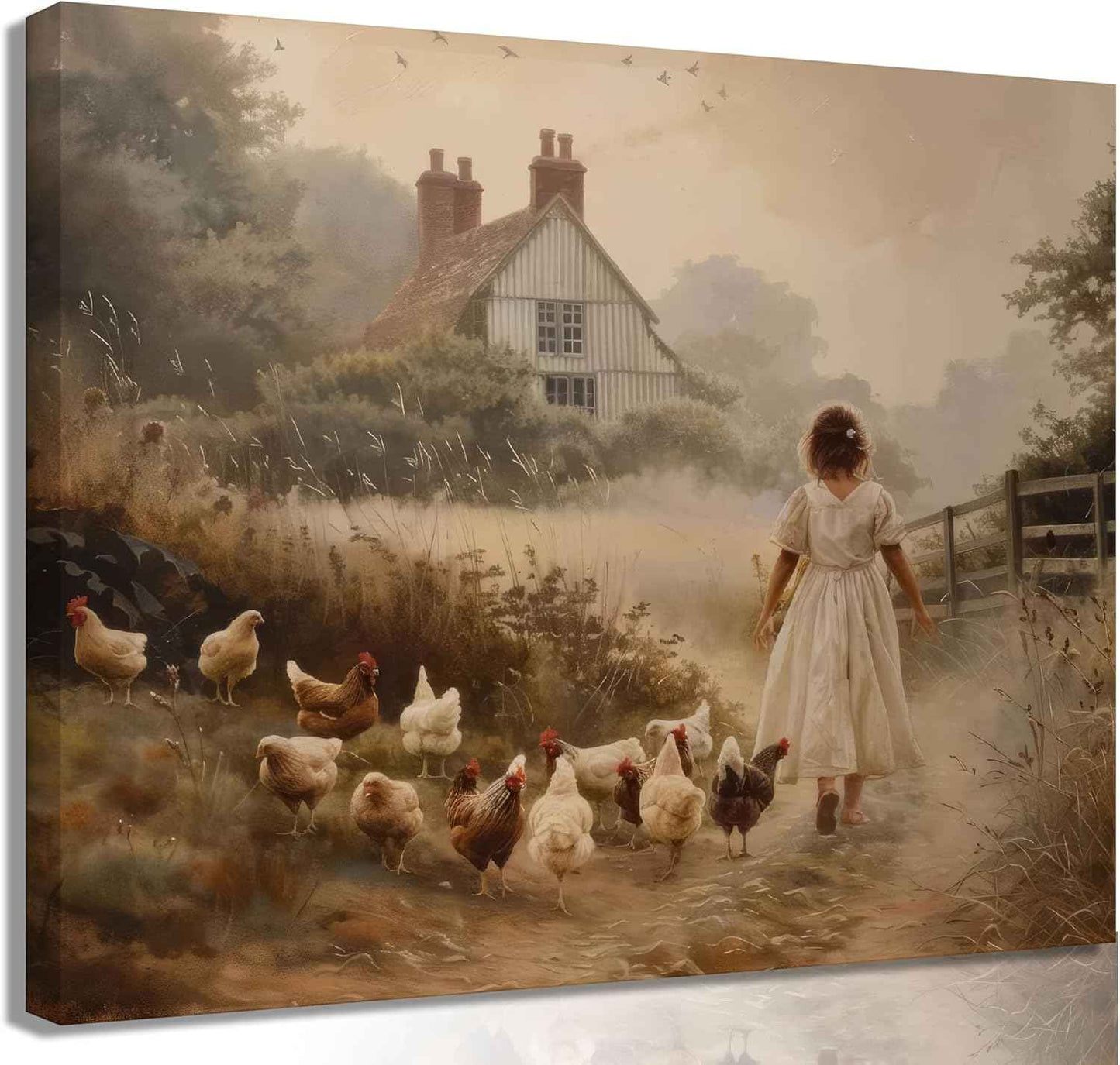 Girl Farmhouse Wall Art Chicken Farm Canvas Rustic Country Poster Brown Chickens Picture Vintage Countryside Female Print Artwork Painting Farm House Wall Decor For Bedroom Living Room Framed