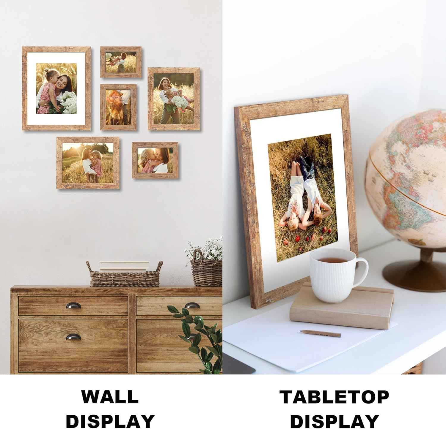 iRahmen 8x10 Picture Frame Set of 6, Brown Rustic Frame with High Definition Real Glass, 8 x 10 Wood Photo Frames for Tabletop Display and Wall Mounting