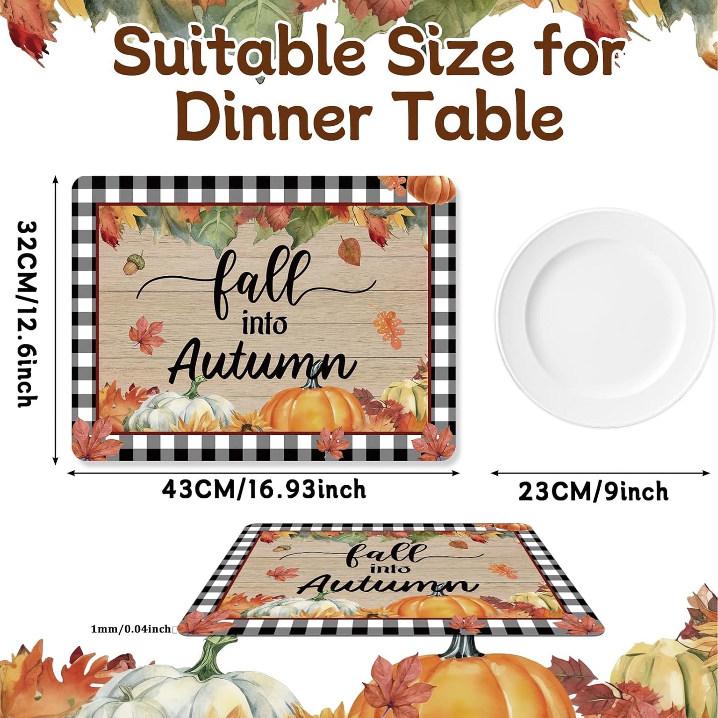 Fall Placemats Set of 6 Buffalo Plaid Thanksgiving Plastic Table Mats Autumn Vintage Maple Leaf Place Mats Pumpkins Truck Leaves Fall Table Decoration for Indoor Outdoor Party Kitchen Dining