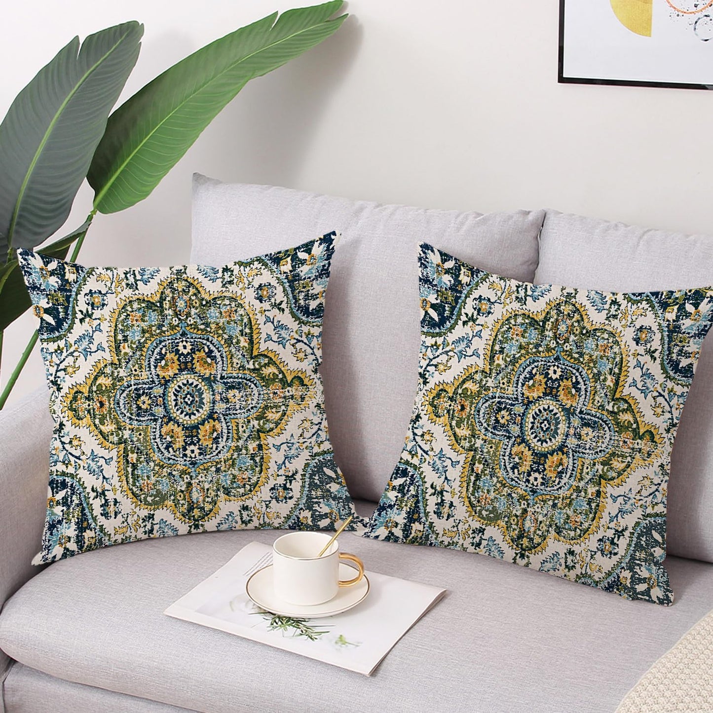 Outdoor Waterproof Pillow Covers - 18 x 18 Inch Set of 2 Bohemian Vintage Carpet Pattern Pillow Covers in Green and Blue Ethnic Design for Decorative Farmhouse, Couch, Garden, Balcony
