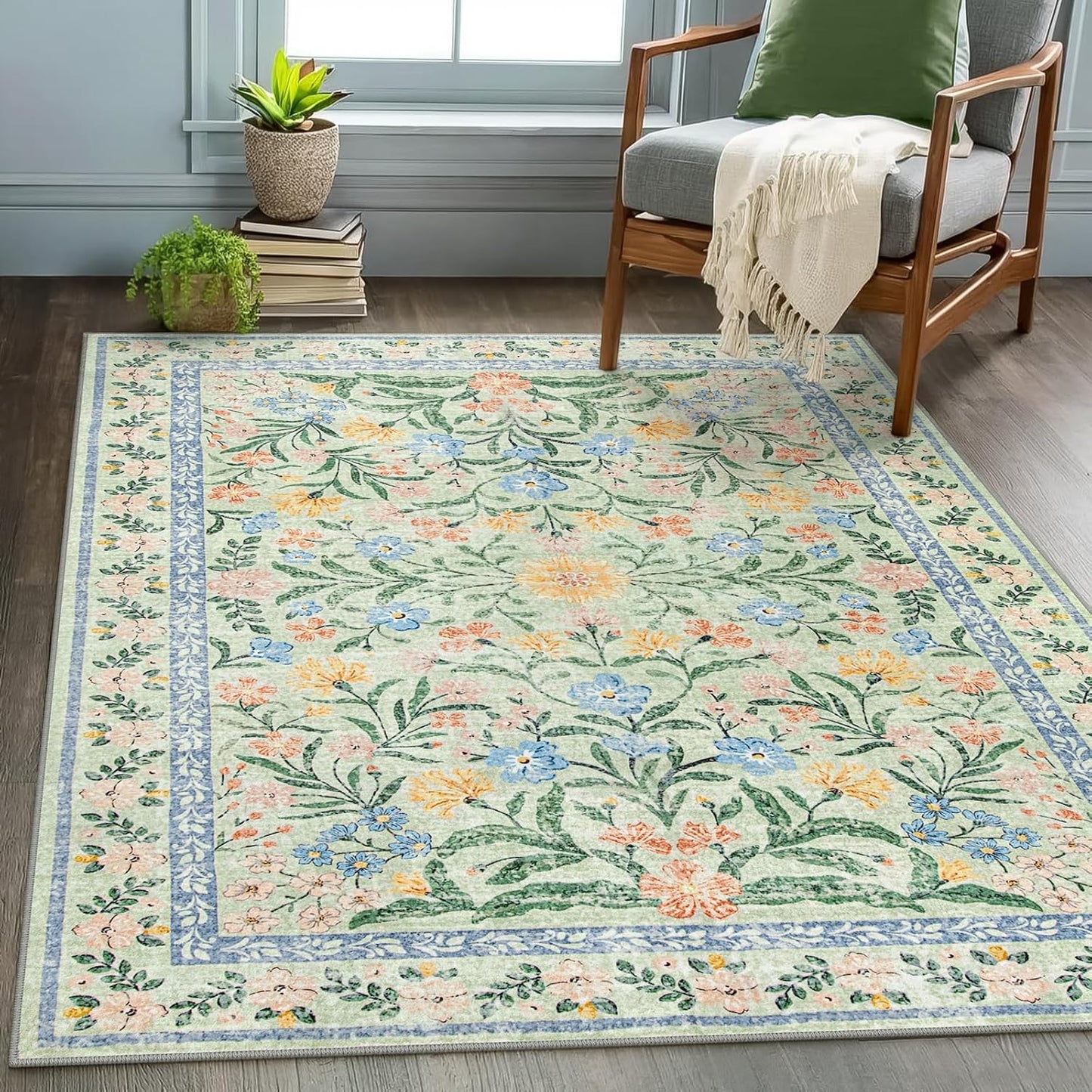 Wonnitar Machine Washable 5x7 Area Rug, Boho Floral Rugs for Living Room Non-Slip, Soft Pink and Green Flower Ultra-Thin Non Shedding Carpet for Bedroom Dining Room Nursery