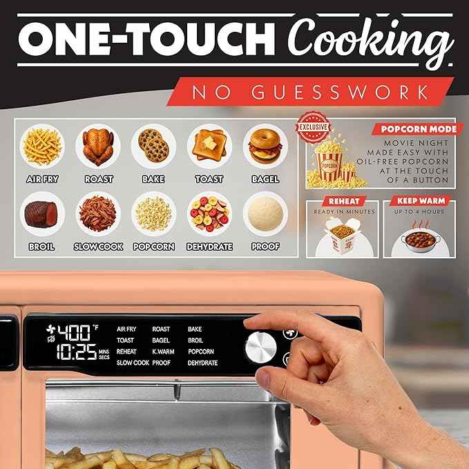 Gourmia French Door Air Fryer Oven - 37 Qt Large Capacity Convection Toaster Oven, FryForce 360°, Digital Display, 12 Cooking Presets, Dehydrate, Fits 13” Pizza, Dishwasher-Safe, Peach