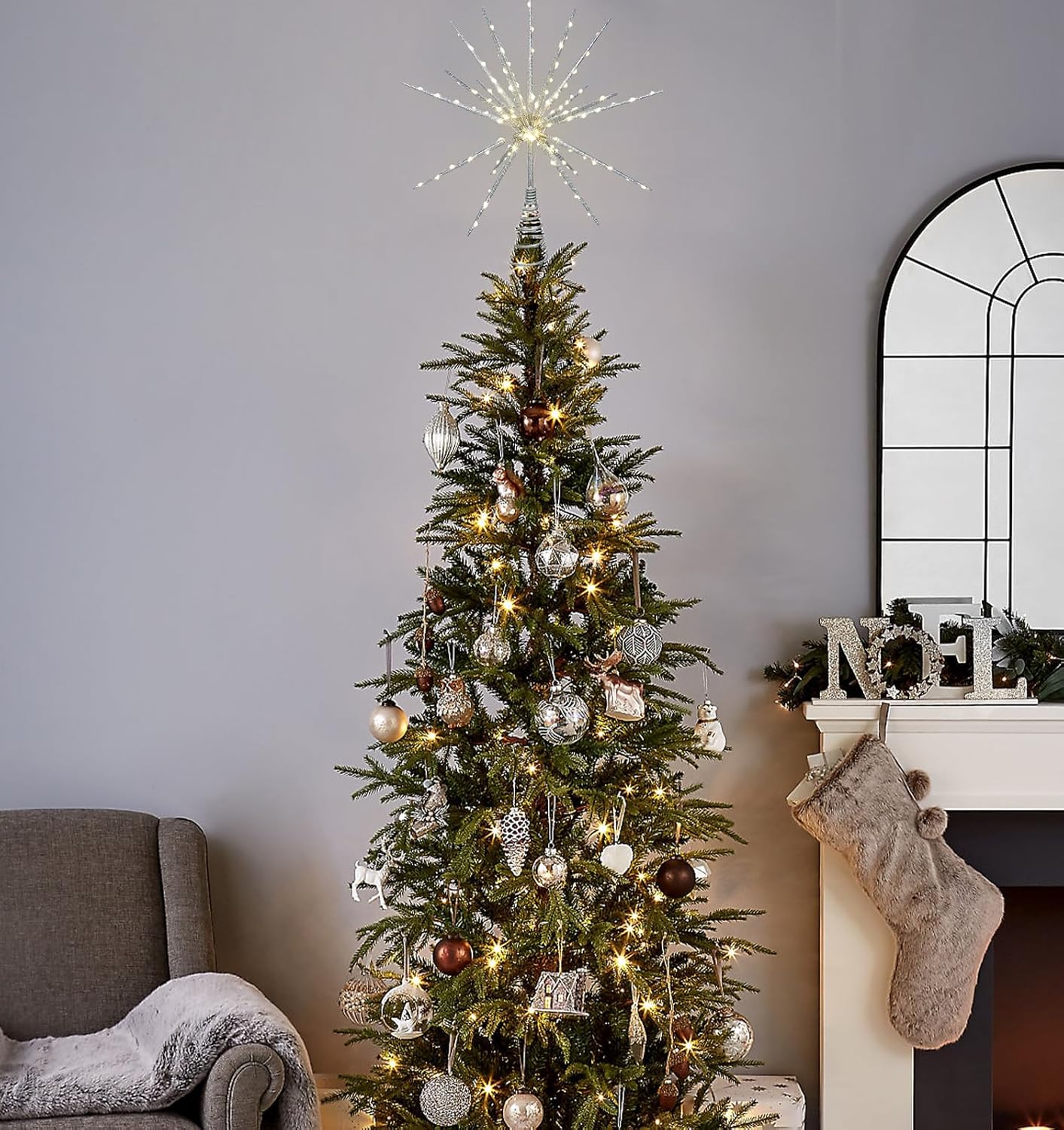 15 Inch Christmas Tree Star Topper with 150 LED Timer Lights & Remote, 19-Point USB Powered Lighted Silver Starburst Star Tree Topper for Indoor Holiday Party Xmas Tree Decor