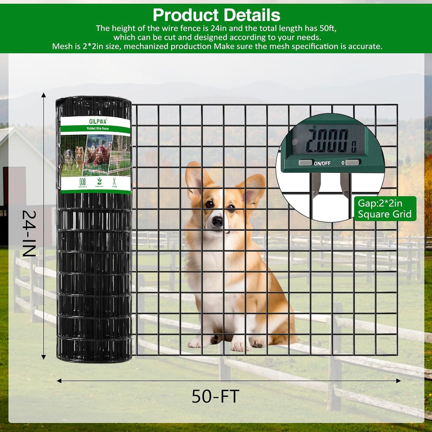Wire Fence, 24 in(H) X 50 ft(L) PVC Coated Welded Wire Fencing 2" X 2" 16GA Garden Border Vinyl Metal Chicken Wire Fencing Mesh Roll for Yard Vegetable Plant Protection Poultry Netting Black