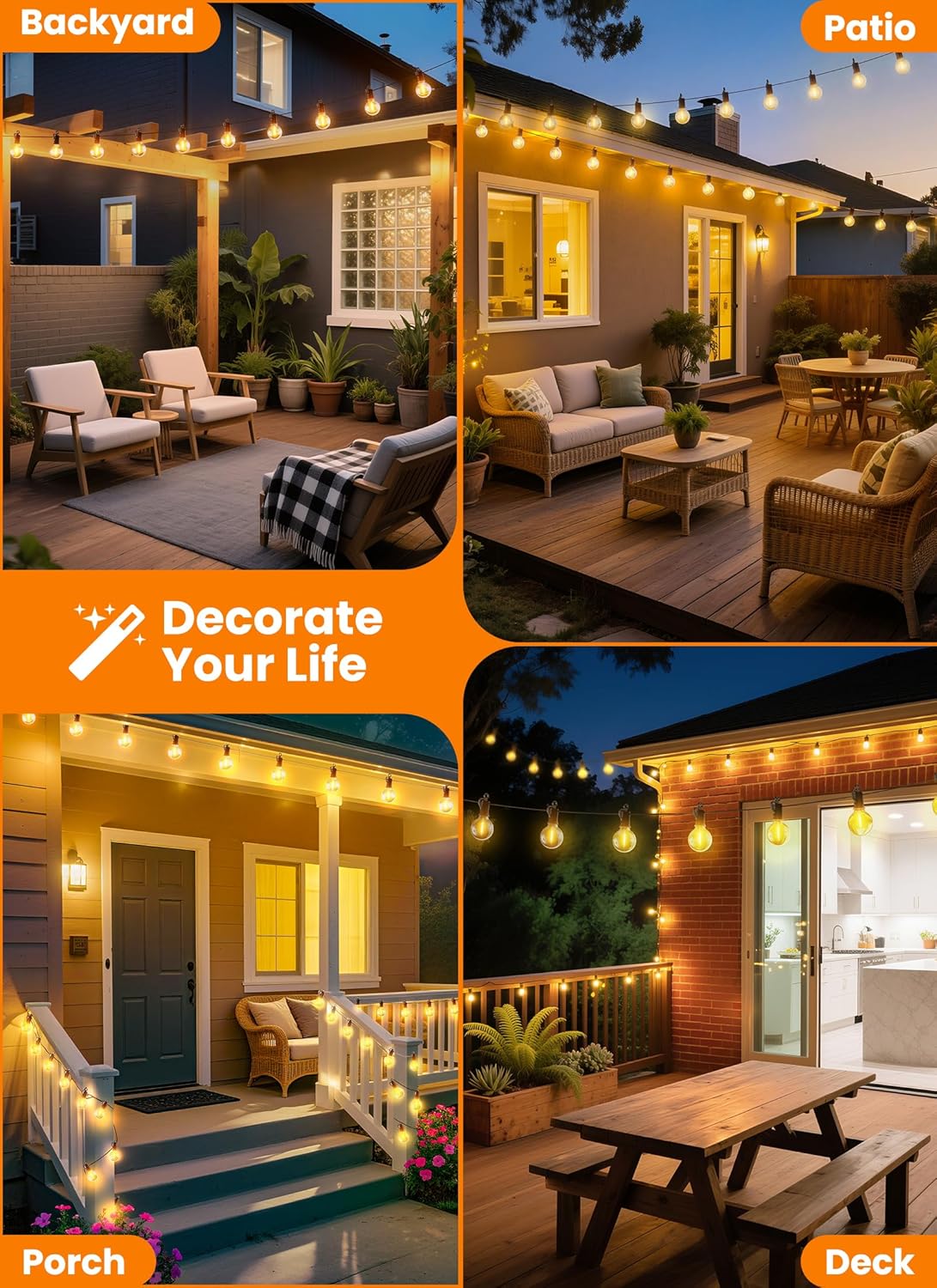 Outdoor-String-Lights-Paio-Lights, 100FT (50FT*2) 50+2 Shatterproof Bulbs Outdoor Patio Lights, IP65 Waterproof Connectable Hanging Outside Light for Backyard, Porch, Deck, Balcony, 2200K