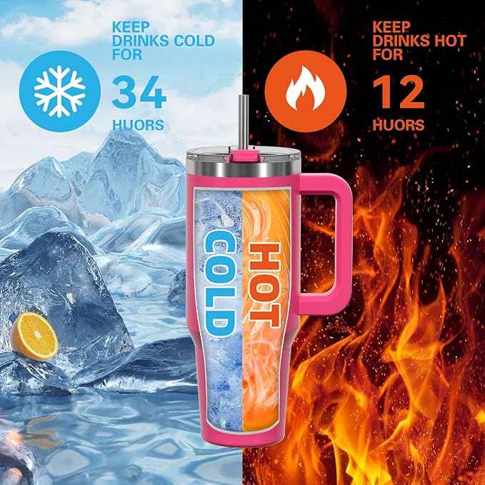 20 oz Tumbler with Handle,Tumbler with Lid and Straw,Double Wall Insulated Cup Stainless Steel Travel Mug(Cold for 34 Hours),Water Bottle for Iced Tea,Coffee,Cold Beverages(Gloss Pink)
