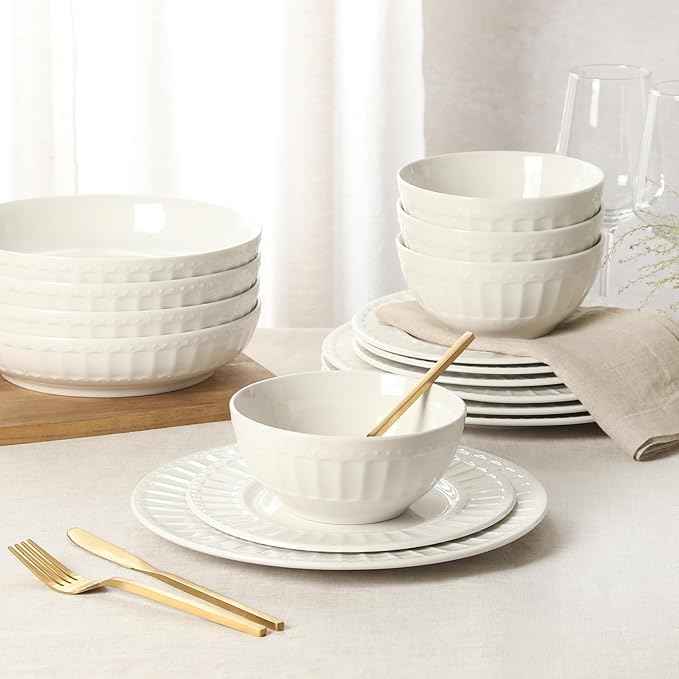 Gibson Home Melbourne White Plates and Bowls Set, 16 Piece Embossed Ceramic Dinnerware Set - Service for 4 Dishes - With Pasta Bowl