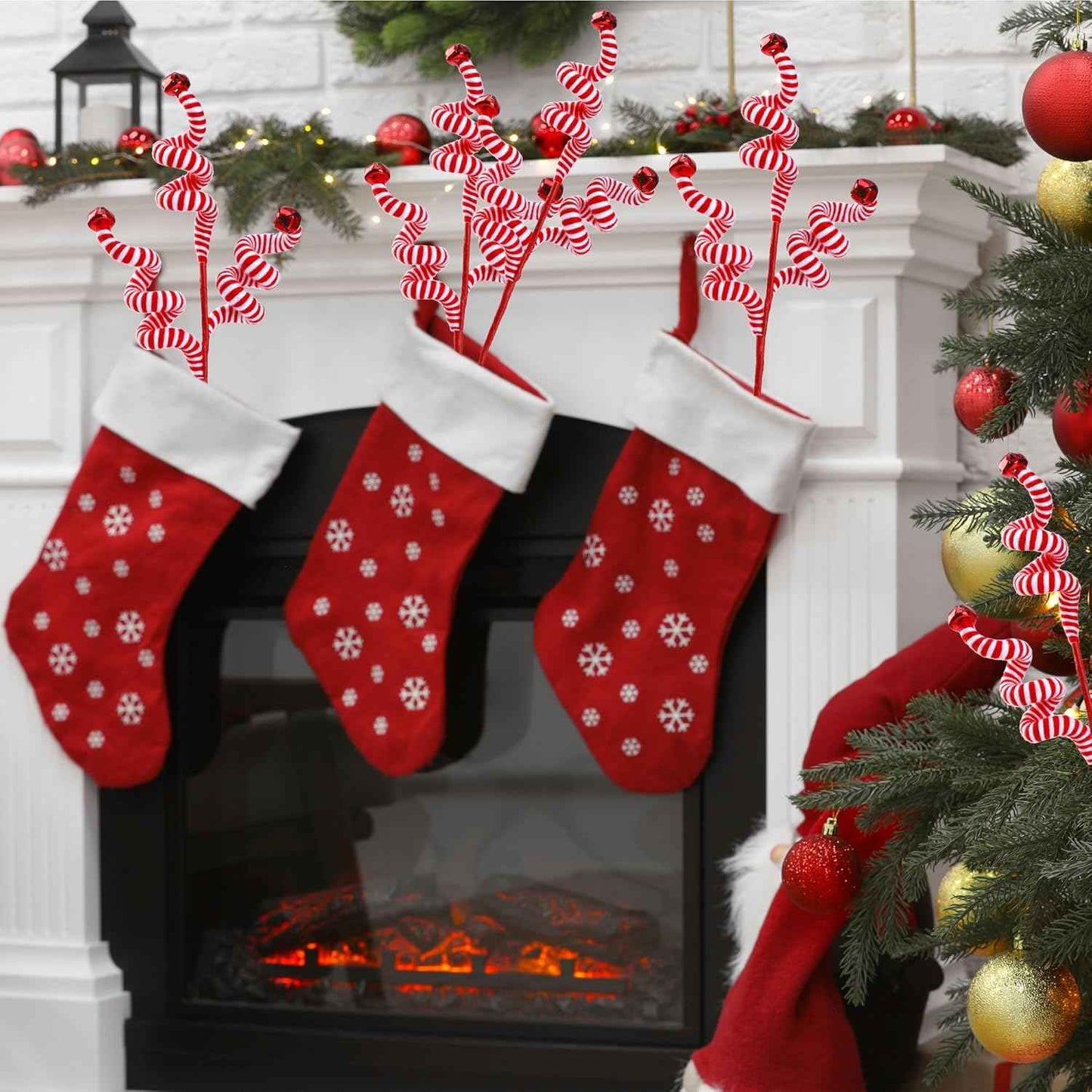 Sggvecsy 6 Pcs Christmas Tree Decoration Candy Cane Woolen Bells Candy Shape Christmas Tree Picks Christmas Bell Curly Picks Ornaments Xmas Tree Topper for Vase Filler Office Home Decor (Red)