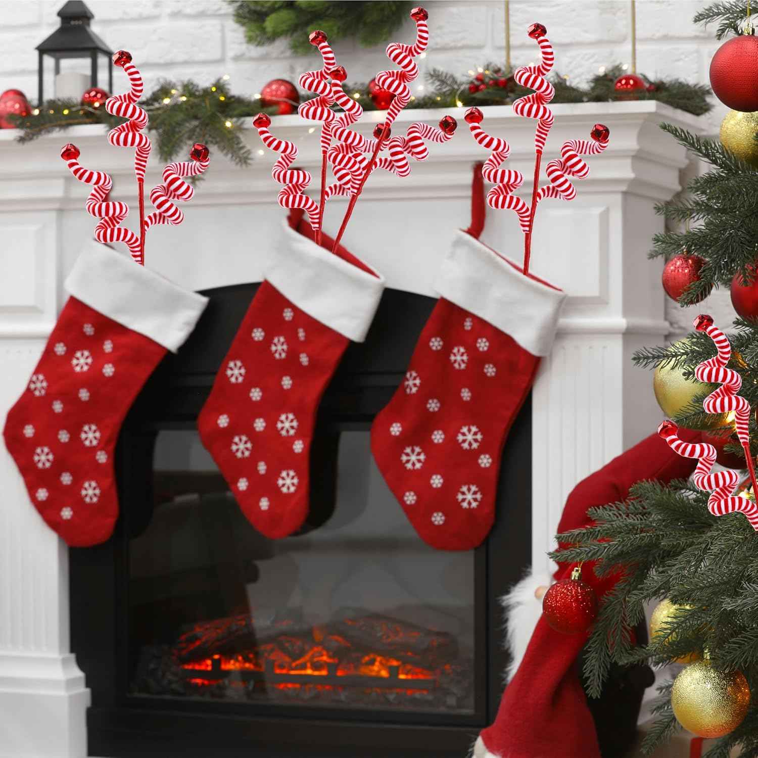 Sggvecsy 6 Pcs Christmas Tree Decoration Candy Cane Woolen Bells Candy Shape Christmas Tree Picks Christmas Bell Curly Picks Ornaments Xmas Tree Topper for Vase Filler Office Home Decor (Red)