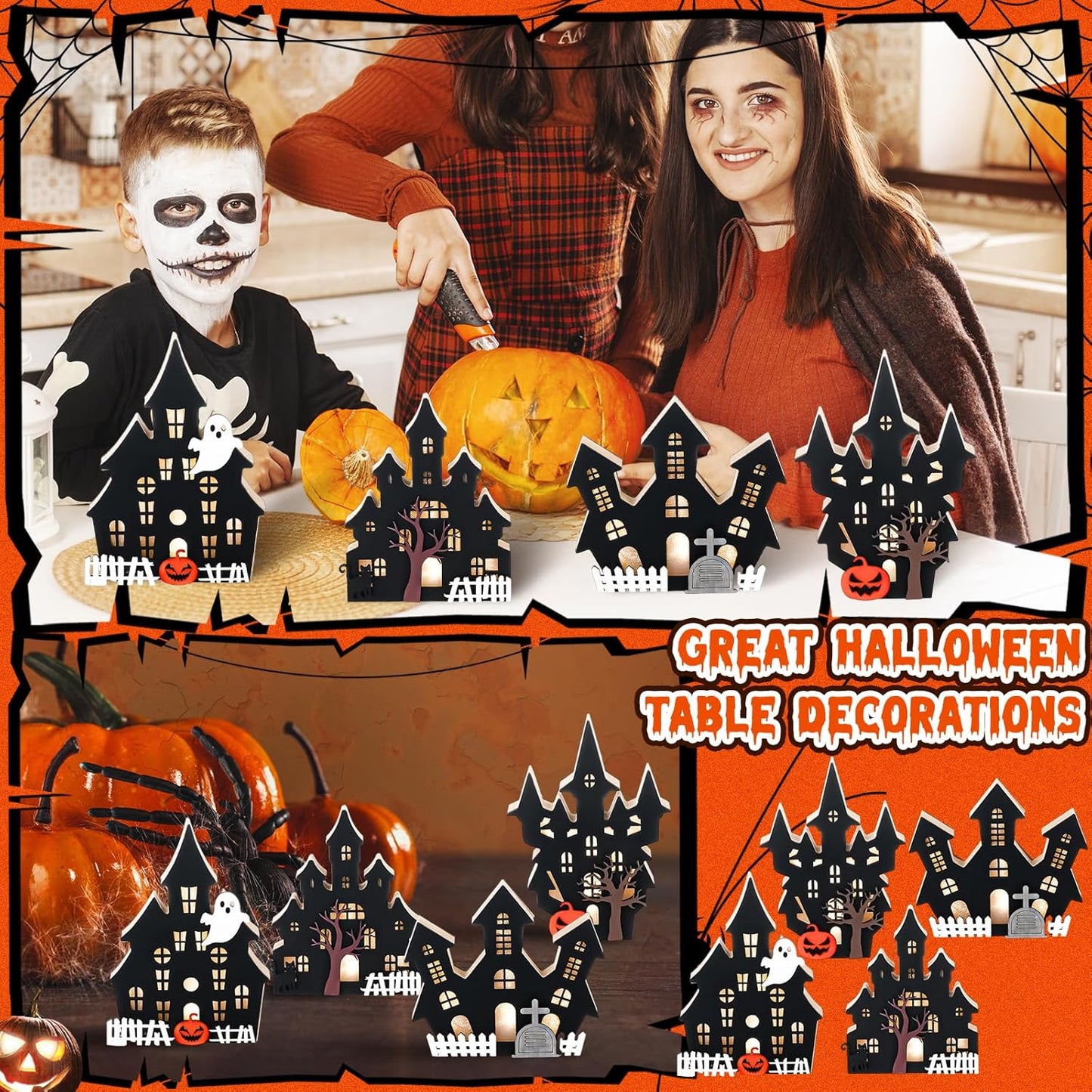 Bucherry 4 Pack Halloween Table Haunted House Decor Lighted Wooden Village Ghost House 3D Tabletop Decorations for Halloween Indoor Home Kitchen Desk Gift(Classic Style)