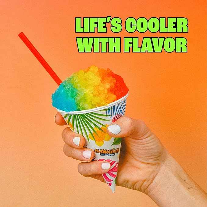 Hawaiian Shaved Ice Machine Kit - 3 Flavors, 25 Cups, Straws, Pourers, Ice Molds