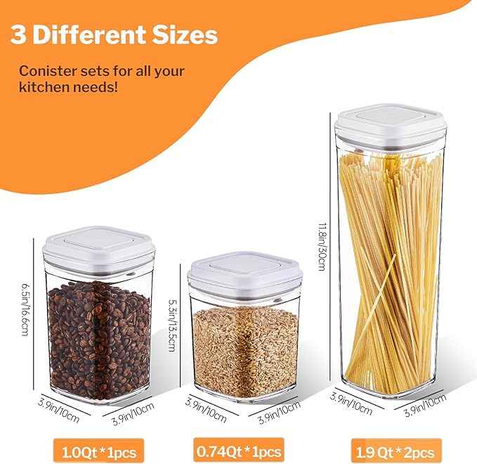 Pop Top Food Storage Container Set | 4Pcs Airtight Cereal Storage Organizer Canisters with Pop Lids, BPA-Free, Vacuum Seal & One-button Opening, Stackable Dry Food Storage(1.9qt*2,0.8qt,1qt