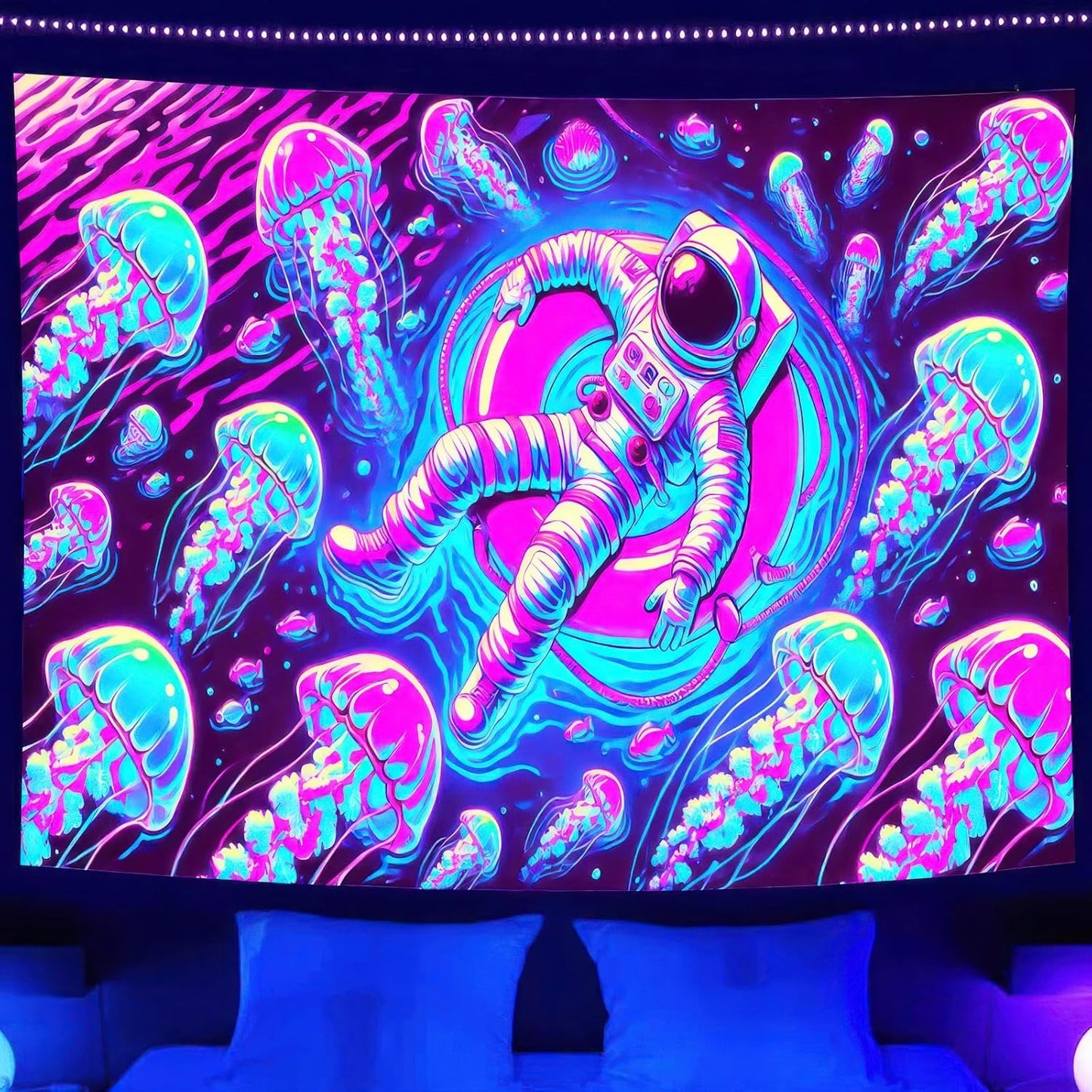 BlissYard Blacklight Tapestry Uv Reactive Tapestry Glow Tapestry 78x59 Inches Wall Tapestry Astronaut Jellyfish in Space Fluorescent Wall Hanging Neon Art Decor with Cosmic Jellyfish and Space Theme