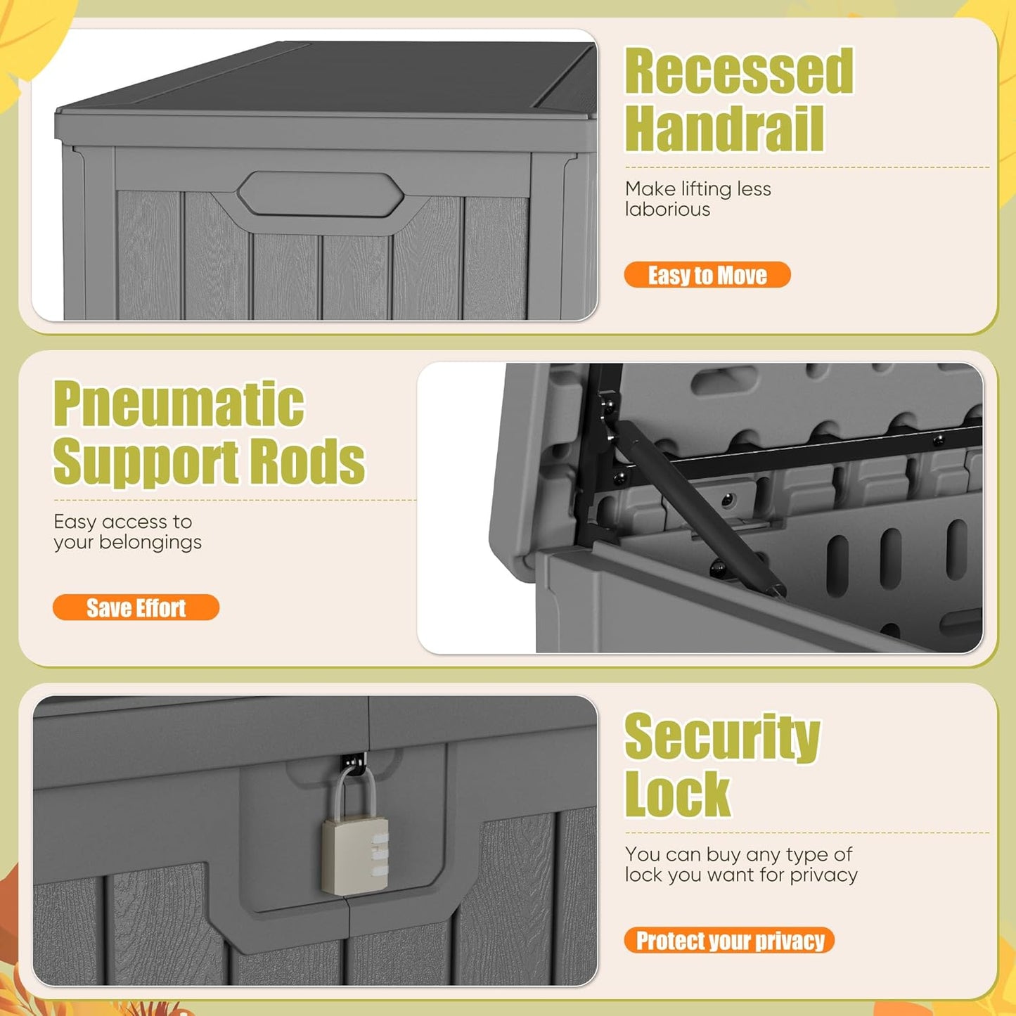 Devoko 240 Gallon Double-Wall Deck Box with Divider, Side Handles, Resin Outdoor Large Storage Box Waterproof and Lockable for Patio Furniture, Garden, Pool (Grey)