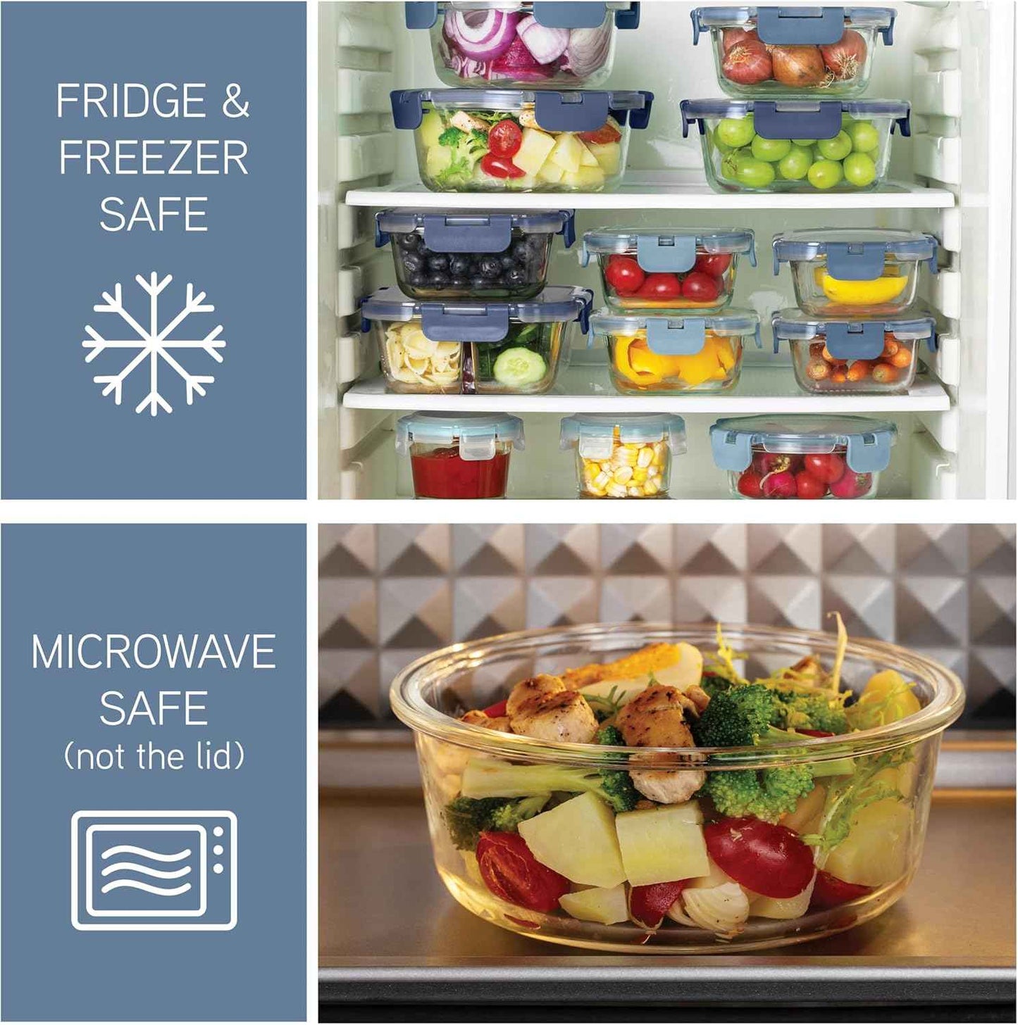 COOK WITH COLOR Premium 32-Pc. Borosilicate Glass Food Container Set with Dividers - 4 Rectangles, 8 Rounds, 4 Squares - Leakproof Lids - Meal Prep, Storage, Ombre Blue