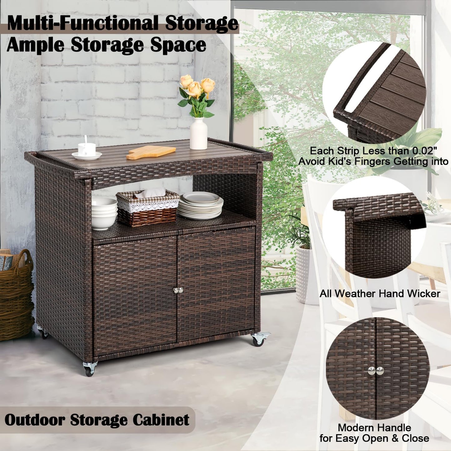 Outdoor Storage Cabinet,Outdoor Cabinet for Patio Outdoor Bar Cart with Rolling Heels Patio Bar Table with Storage Wicker Buffet Cabinet Prep Table Kitchen Serving Cart with Door,Shelves,Handle Brown