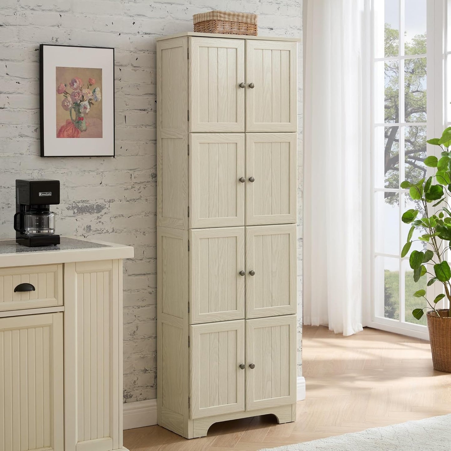 Farmhouse Tall Storage Cabinet with 8 Doors, 72" H Wooden Kitchen Pantry with 4 Shelves, 4-Tier Freestanding Bookshelf, Rack for Living Room (White & Style 2)