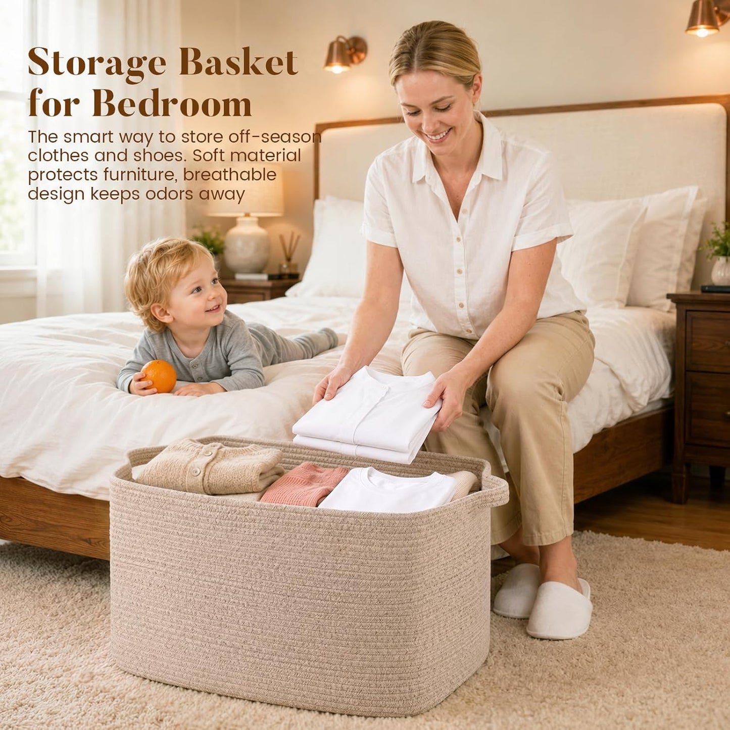 95L Cotton Rope Large Blanket Basket (24" x 16.9" x 14.2") for Living Room, Kids Room & Laundry, Storage Basket with Handle for Organizing Blankets, Pillows, Clothes & Toys, Brown
