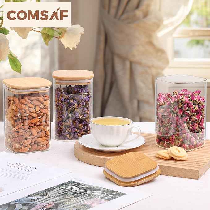 ComSaf 1.2 Qt Glass Storage Containers with Lids, Glass Jars with Lids, Clear Food Storage Jar, Square Canister Set of 9, Pantry Organizers and Storage for Cookie Flour Oat Pasta Tea Coffee Bean