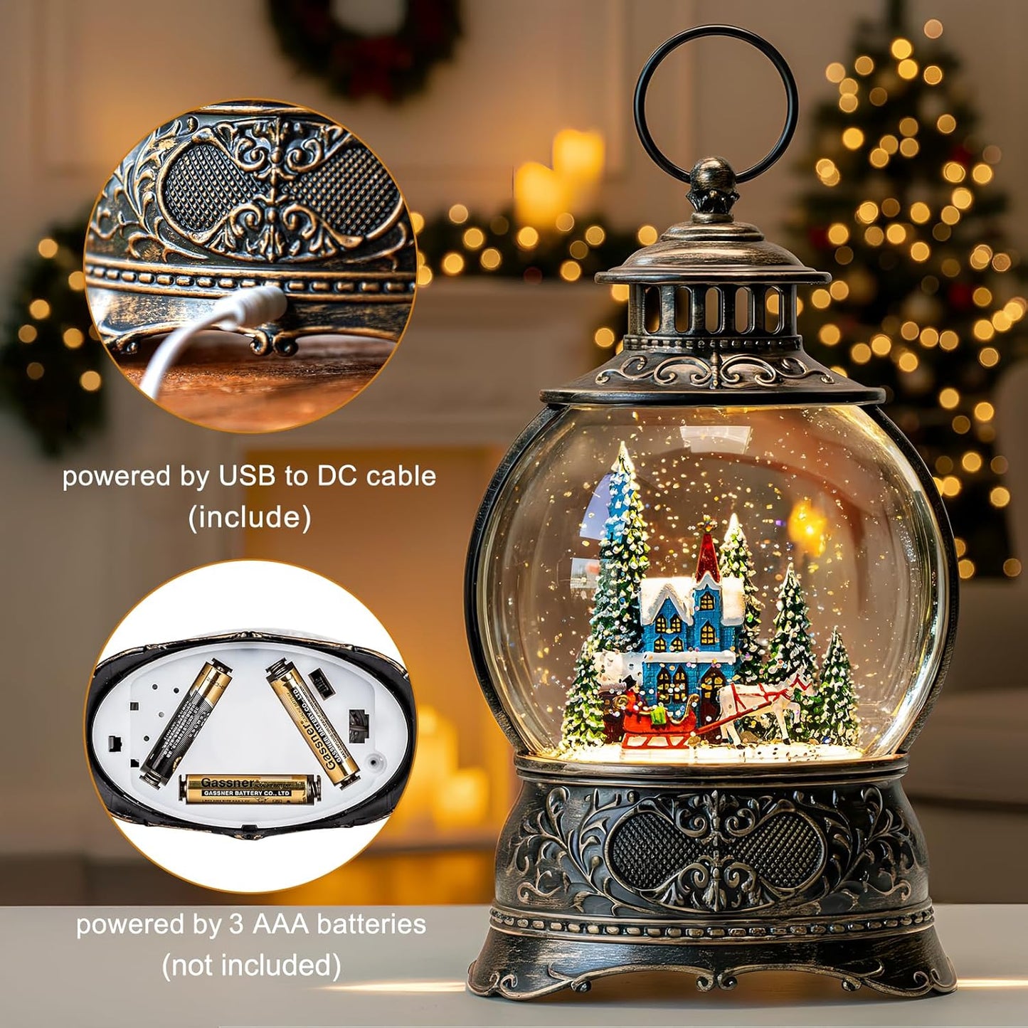 Christmas Snow Globes Christmas Water Lantern with Carriage Blue Church, Music & 6H Timer, USB Lined/Battery Operated Lighted Lanterns for Xmas Festival Decoration Gifts