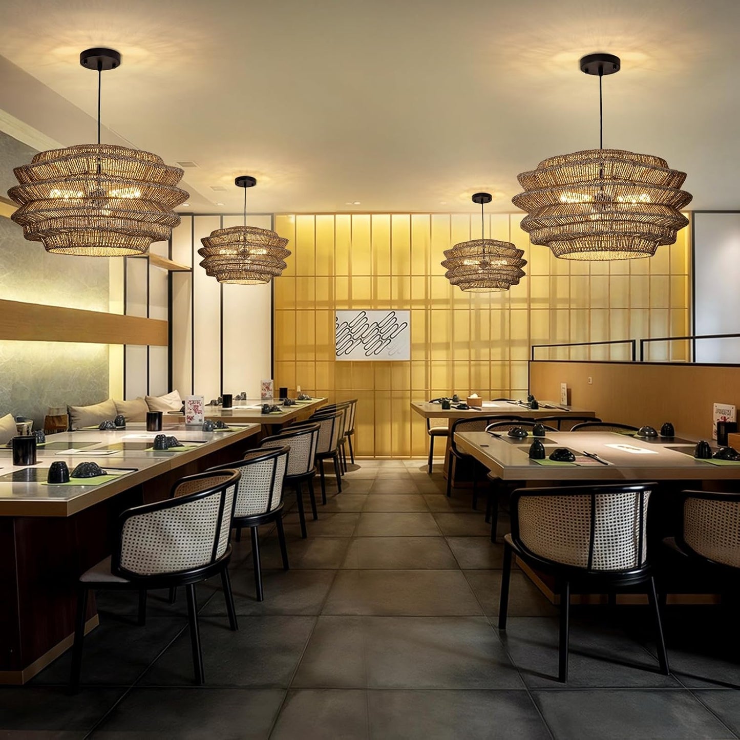 19.7" Rattan Pendant Light,3-Light Hand-Woven Rustic Wicker Hanging Light Seagrass Ceiling Chandelier,Water Plants Rattan Chandelier for Dining Living Bedroom Kitchen Farmhouse