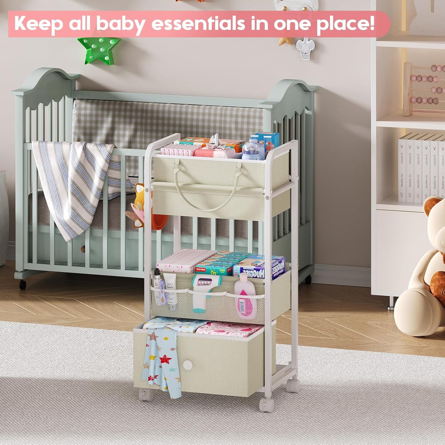Cidaziya 2In1 Baby Diaper Caddy Organizer and Storage, 3 Tier Rolling Cart with Drawer, Mobile Utility Cart Baby Dresser Clothes Organizer for Crib, Art & Craft Storage, White, 17"W x 11.42"D x 33.5"H