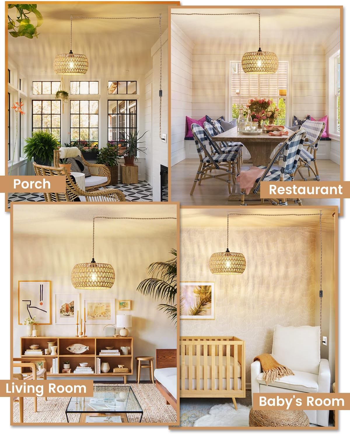 Rattan Boho Hanging Light,12.6'' Natural Hand Woven Fabric Drum Light,Plug Into Wall Outlet Pendant Light Fixture On/Off Switch for Dining,Living Room,Bedroom,Kitchen,Hallway Entryway, Without Bulb