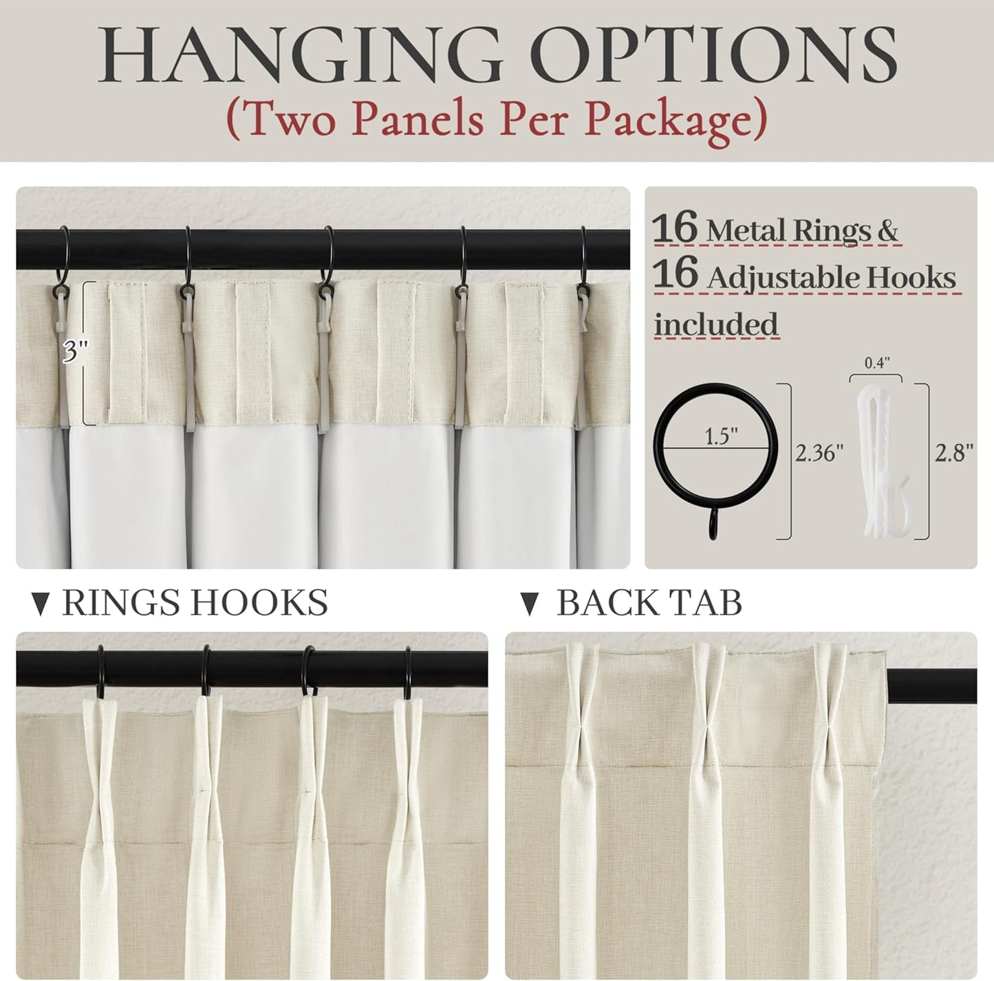 Pinch Pleat Cream Linen 100 Inch Long Tall Curtains for Dining Room 2 Panels Set, Neutral Blackout Viral Curtain with Hooks&Rings for Sliding Glass/Office/Sunroom Privacy Thermal Drapes 40" W x 100" L