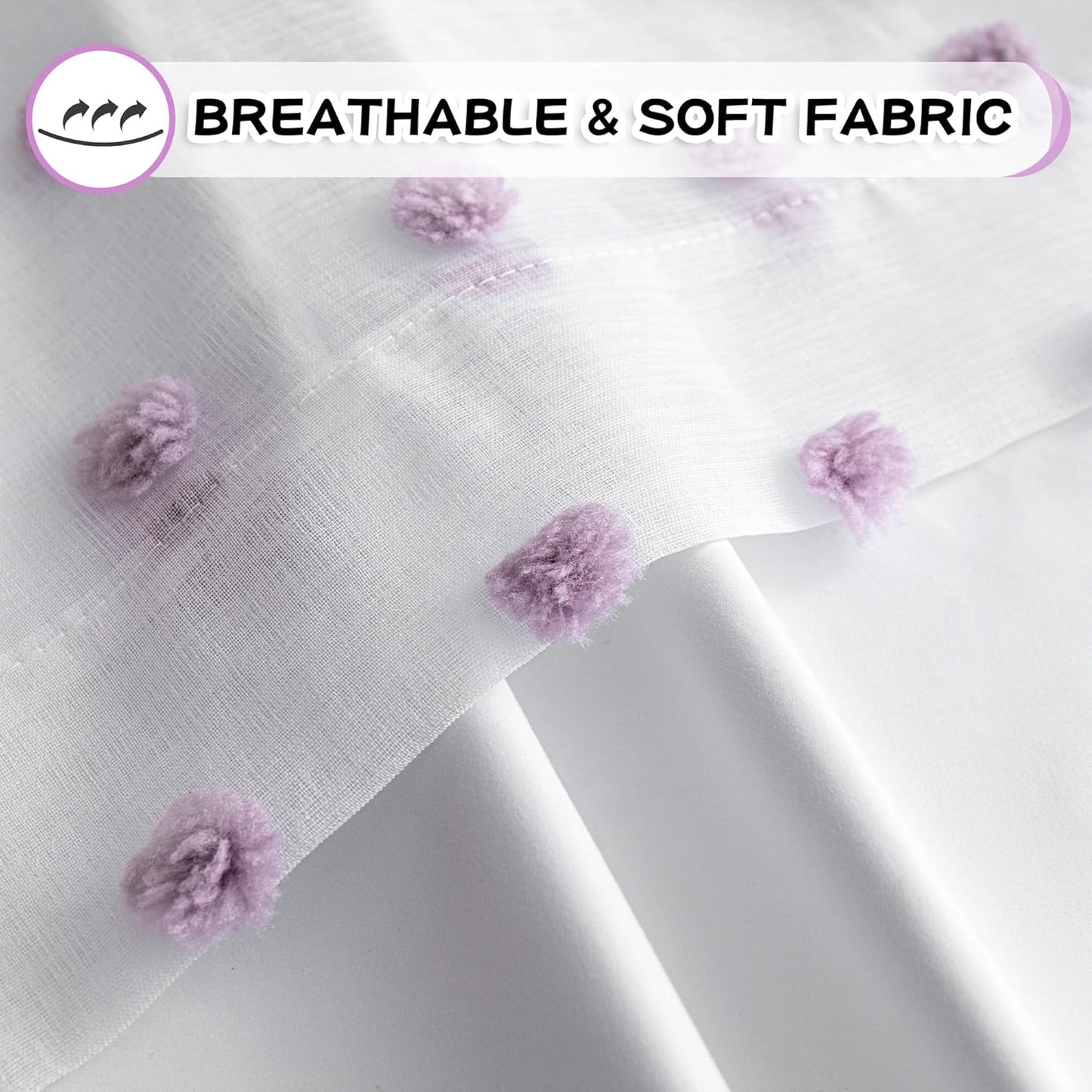 MYSKY HOME Total Blackout Curtains for Girls Bedroom with Purple Pom Pom Sheer 90 Inch Long 100% Light Blocking Curtains for Living Room 2 Panels Room Darkening Grommet Double Layer Drapes 52" x 90"