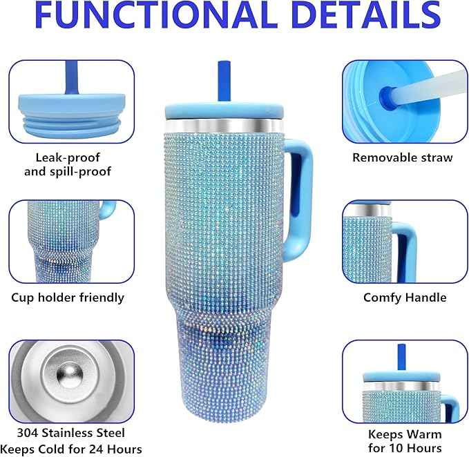 40-OZ Insulated Water Bottle,Insulated Stainless Steel Tumbler,Reusable Cold Drink Thermos,BPA-Free, Double-Wall Stainless Steel Water Bottle (Royal Blue - Diamond, 40, Fluid Ounces)