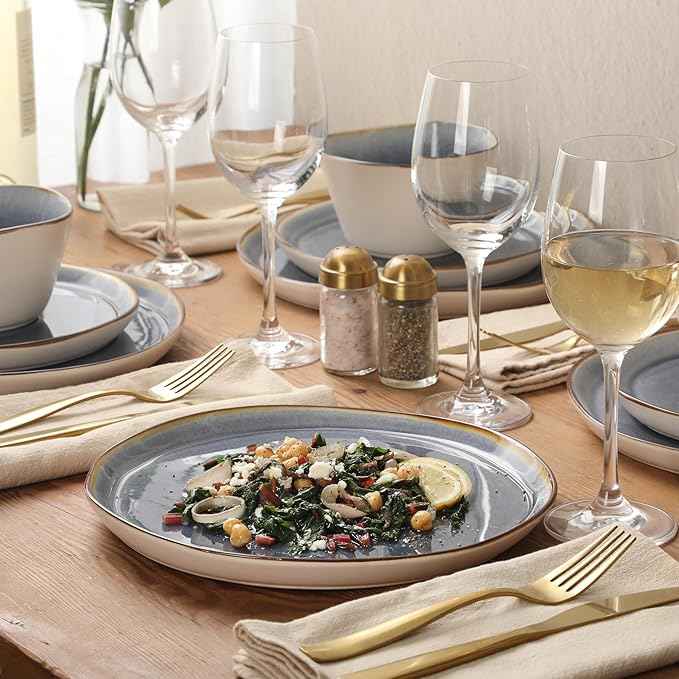 Gibson Elite Algeria River Plates and Bowls Sets, 12-Piece Stoneware Dinnerware Sets, Reactive Glaze Dish Set - Blue