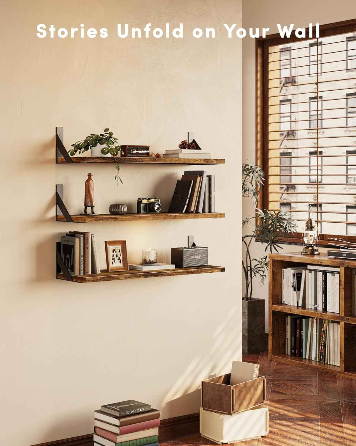 Floating Shelves for Wall, Wall Mount Book Shelf, Hanging Shelves, Wall Bookshelf for Bedroom, Office, Living Room (Rustic Brown, 23 Inches)