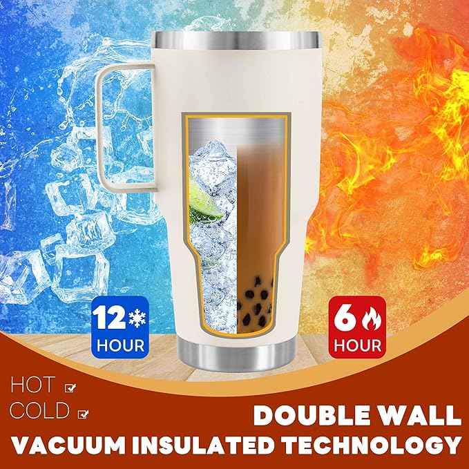 30 oz Tumbler With Handle, Double Wall Stainless Steel Vacuum Insulated Travel Mug with Splash-Proof Lid Metal Straw and Brush (Cream)