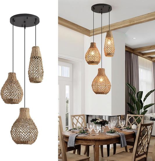 Boho Rattan Pendant Light,3 Light Coastal Woven Wicker Ceiling Hanging Farmhouse Chandelier for Kitchen Island Living Room Dining Room