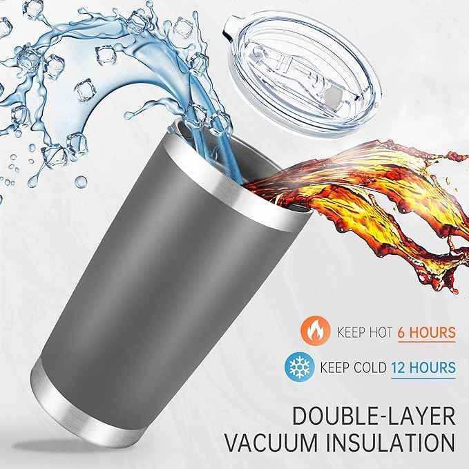 20 oz Tumblers Bulk Stainless Steel Tumbler with Lid Double Wall Vacuum Insulated Coffee Mug 20oz Powder Coated Cup for Hot and Cold Drinks, Gray, 12 pack