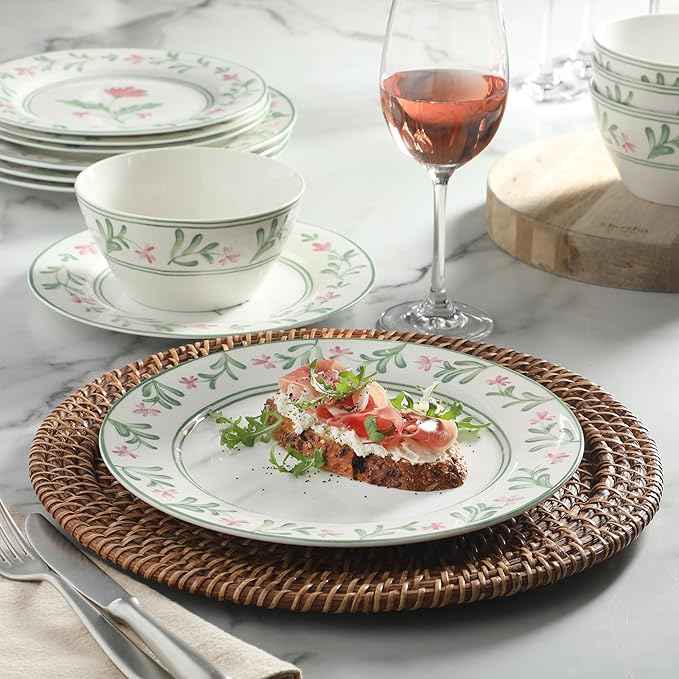 Martha Stewart Maiden Crown Plates and Bowls Sets, 12-Piece New Bone China Dinnerware Sets, Botanical Floral Design Dish Set, Microwave & Dishwasher Safe