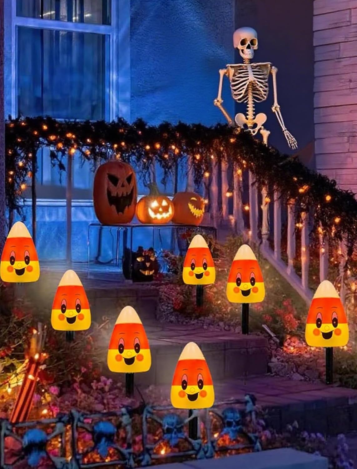 4 Pack Halloween Candy Corn Pathway Marker Lights with C7 Clear Bulbs, 7Ft Candy Night Light with 4 Stakes, Extendable Waterproof Pathway Decor for Yard Porch Lawn Pathway Garden