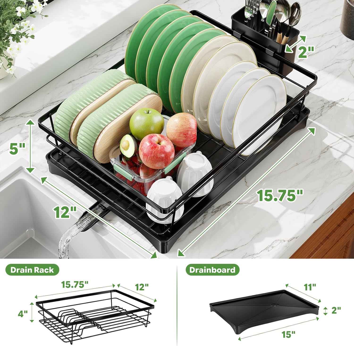 Simple Trending Dish Drying Rack, Stainless Steel Dish Rack for Kitchen Counter, Space-Saving Dish Drainer with Utensil Holder and Drainboard, 12''W x 17''L, Black