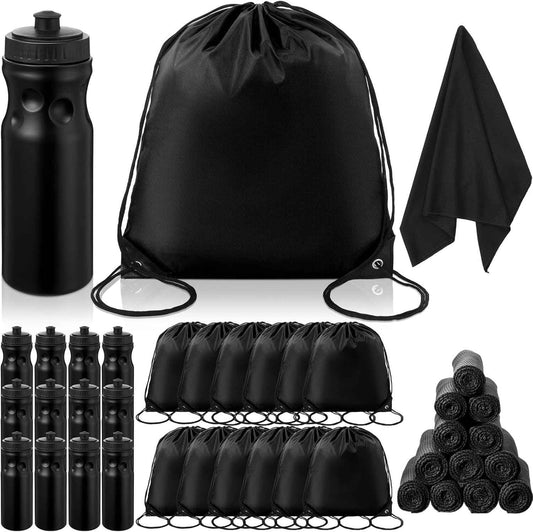 Talltalk 36 Pcs Water Bottles and Cooling Towels Set 12 Plastic Water Bottles Bulk 24 oz 12 Workout Towels Bulk 40 x 12'' 12 Drawstring Backpack Bags for Gym Travel Camping Hiking Outdoor Work, Black