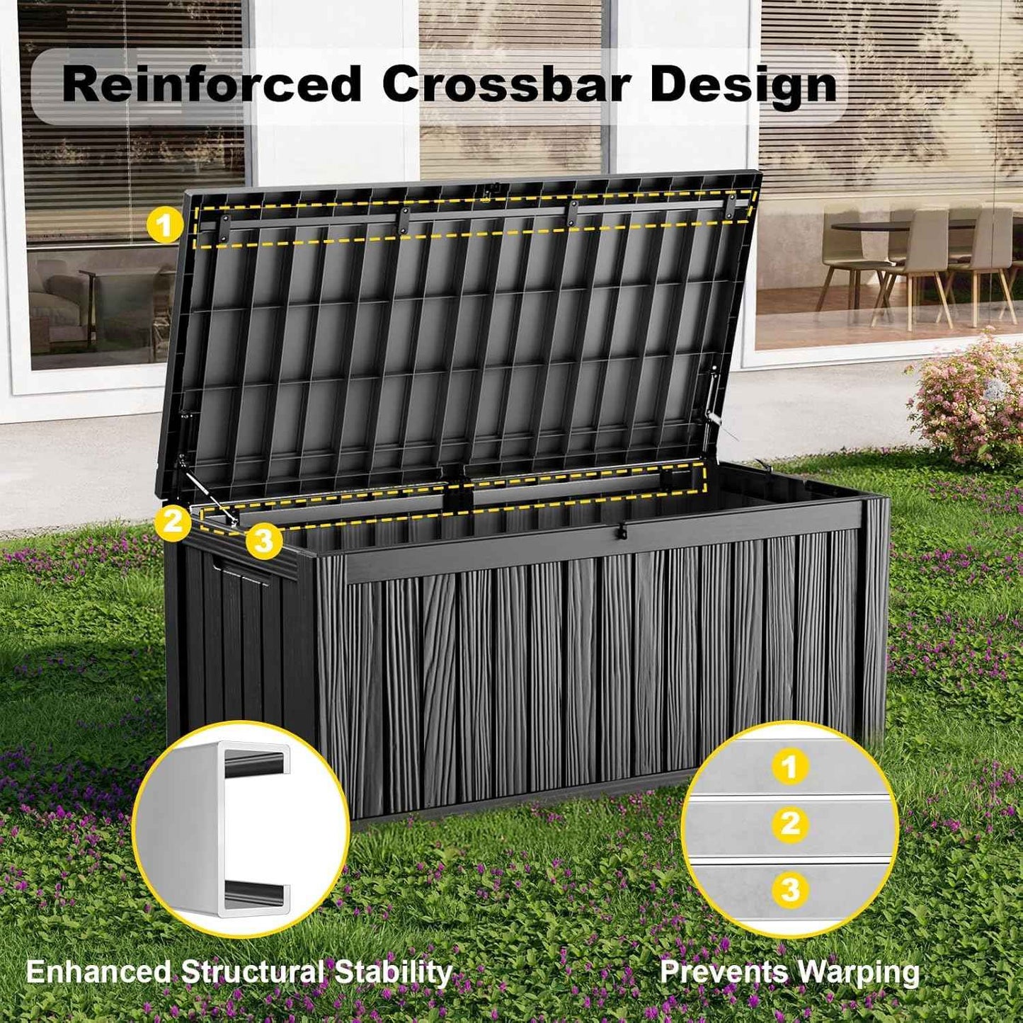 150 Gallon Large Outdoor Storage Box Waterproof, UV Resistant Resin Deck Box with Hydraulic Rod & Lockable Latch for Patio Furniture, Outside Storage Box for Garden Tools, Patio Cushions, Black