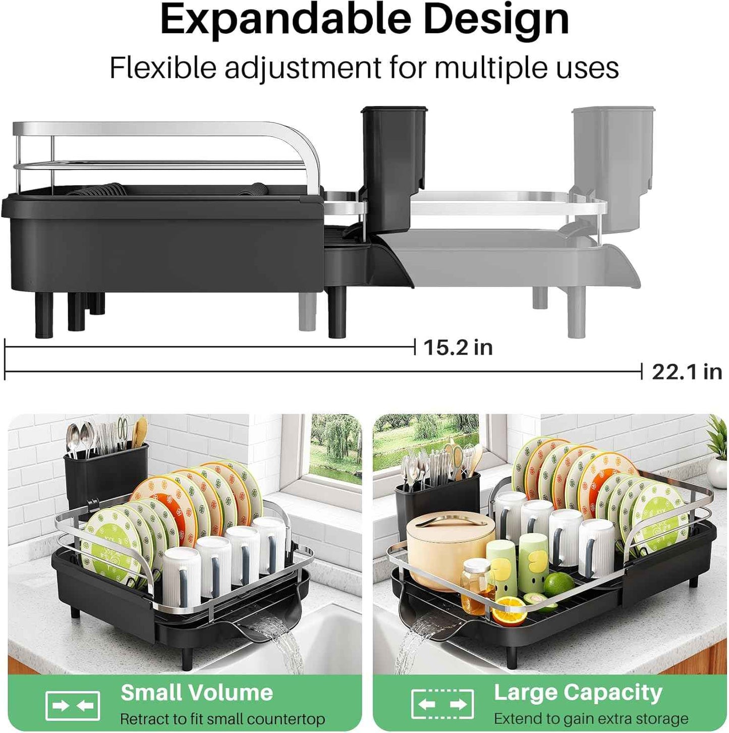 SAYZH Dish Drying Rack - Expandable Dish Rack for Kitchen Counter, Rust-Resistant Dish Drainer with Utensil Holder and Raised Guardrail, Kitchen Organizer for Cup and Bottle (Black)