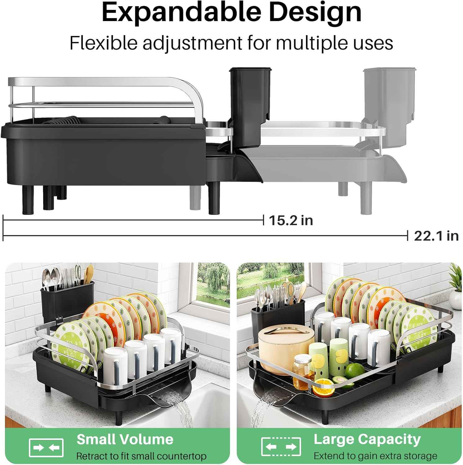 SAYZH Dish Drying Rack - Expandable Dish Rack for Kitchen Counter, Rust-Resistant Dish Drainer with Utensil Holder and Raised Guardrail, Kitchen Organizer for Cup and Bottle (Black)
