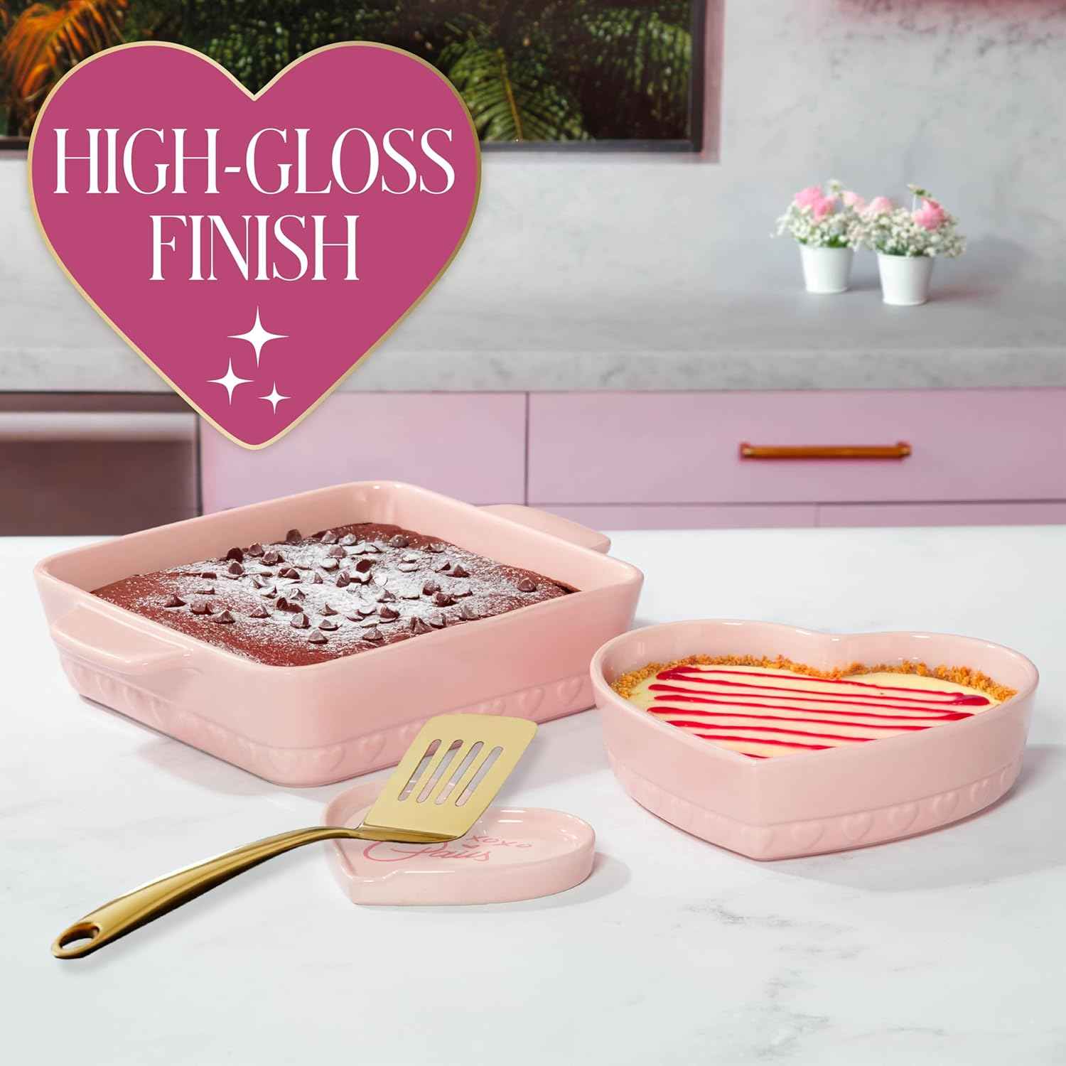 Paris Hilton 3-Piece Ceramic Baker Set, Iconic Stoneware with Square & Heart Bakers and Spoon Rest, Microwave/Oven/Freezer Safe, Durable Bakeware for Everyday Cooking & Serving, Pink