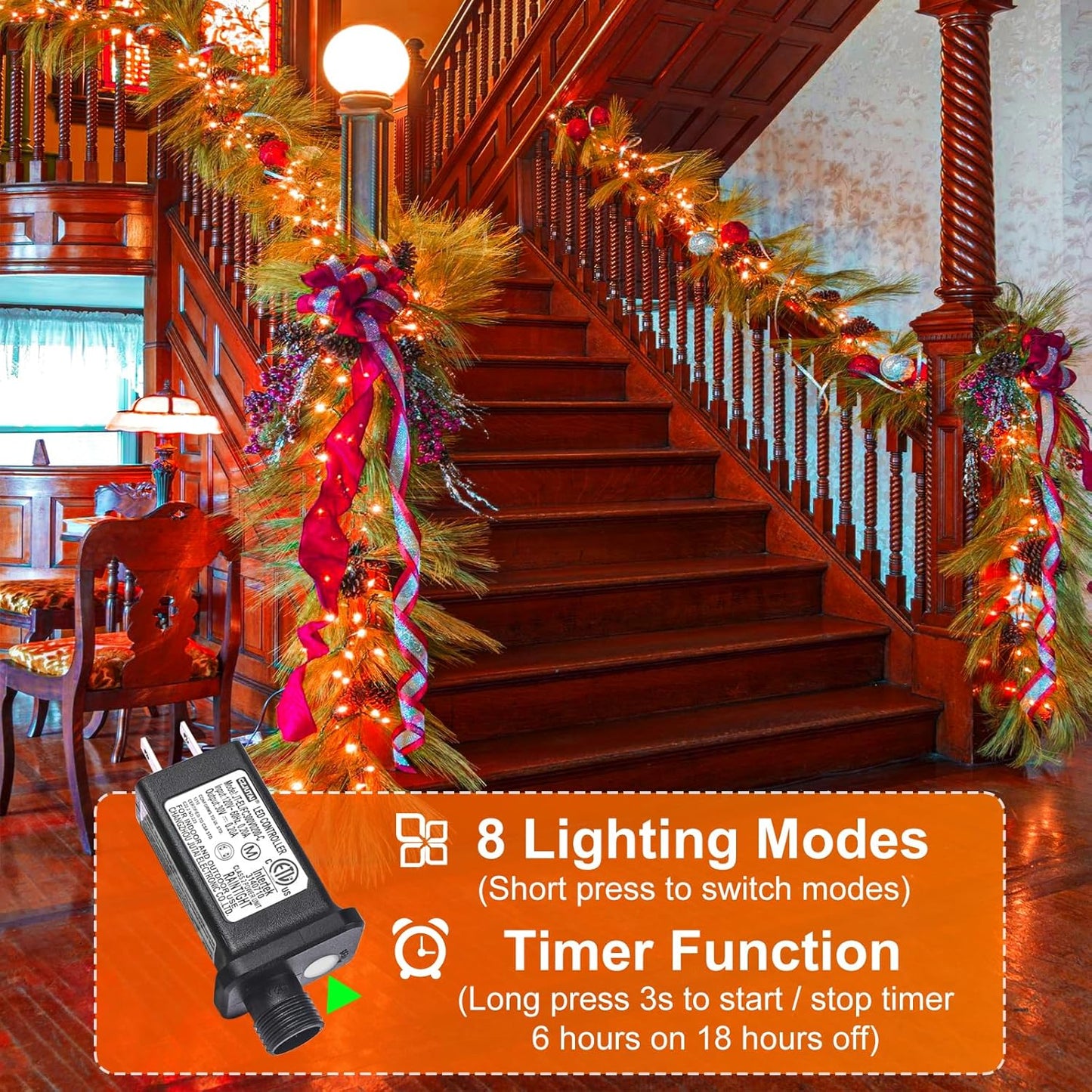 2 Pack Halloween Lights Outdoor, Total 200FT 600 LED Orange String Lights for Outside with 8 Modes Waterproof, Plug in Halloween Decorations for Indoor Bedroom Patio Garden Party Holiday