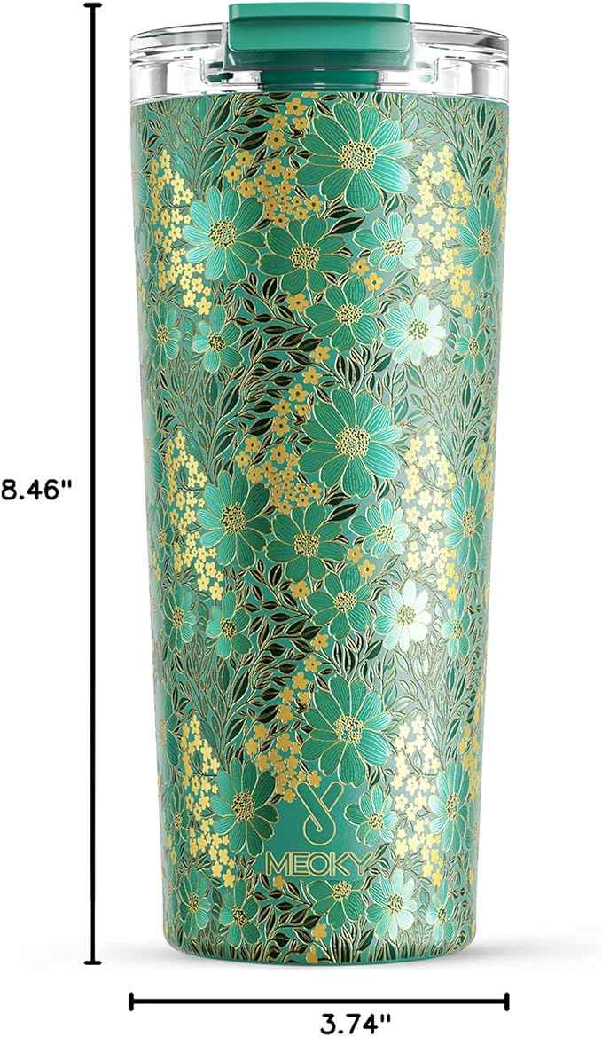 Meoky 24 oz Travel Coffee Mug with Leak-proof Lid, Stainless Steel Insulated Coffee Tumbler, Keeps Hot for 8 Hours or Cold for 24 Hours, Fits in Car Cup Holder (Emerald Bloom)