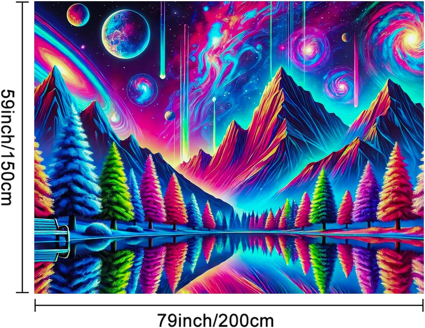BlissYard Alien Galaxy Reflection UV Black Light Tapestry 78x59 Inches Art Color Neon Light Background Bedroom Living Room Wall Party Decoration Trippy Cosmic Trees Planet Lake Mountain View