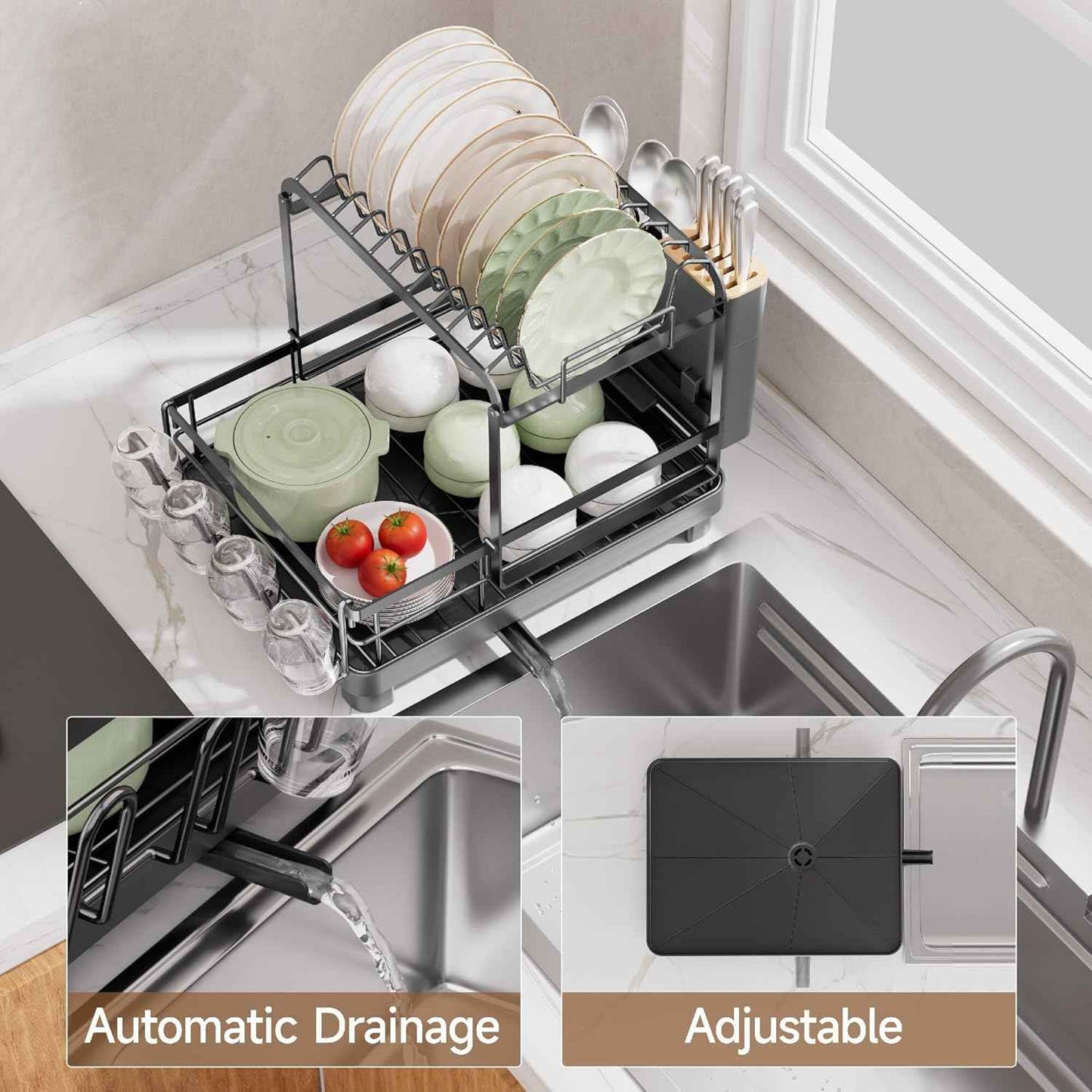 Runnatal 2-Tier Dish Drying Rack, Large Dish Rack with Drainboard Set, Detachable 4-in-1 Large Capacity Dish Drainer Over The Sink Anti-Rust for Kitchen Counter, Black