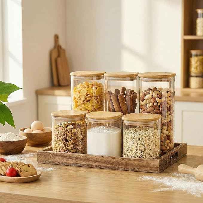 HomArtist Square Glass Jars with Bamboo Lids 17 FL OZ [Set of 12], Glass Canisters with Airtight Lids, Glass Food Storage Containers for Spice, Sugar, Tea, Candies, Cookies, Best for Kitchen & Pantry