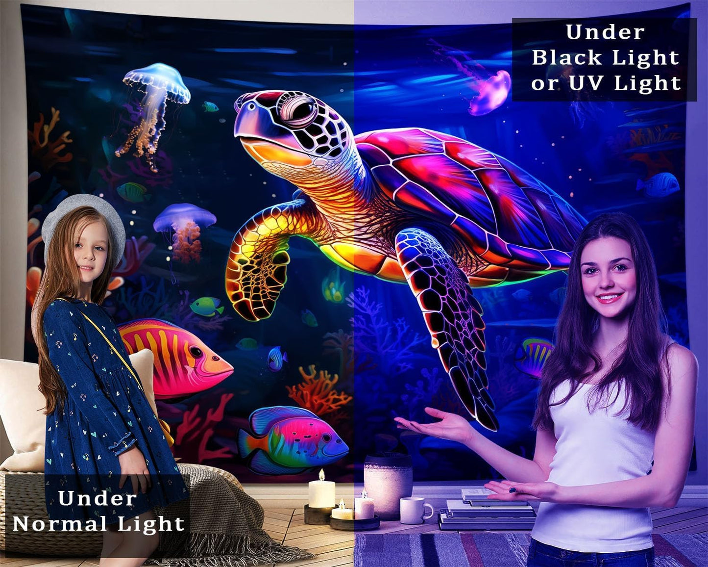 QGHOT Turtle Tapestry, Blacklight Ocean Wall Hanging Undersea Black Light Poster for Kids Glow in the Dark Kids Tapestry for Bedroom Children Toddler Room Decor 60x50in